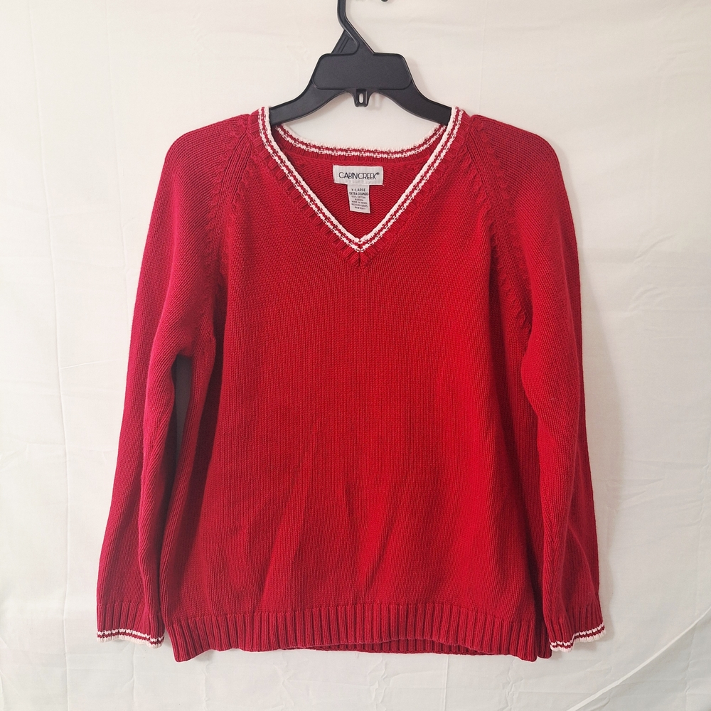 Vintage Cabin Creek Heavyweight Red V-Neck Sweater Women’s Size XL 100% Cotton